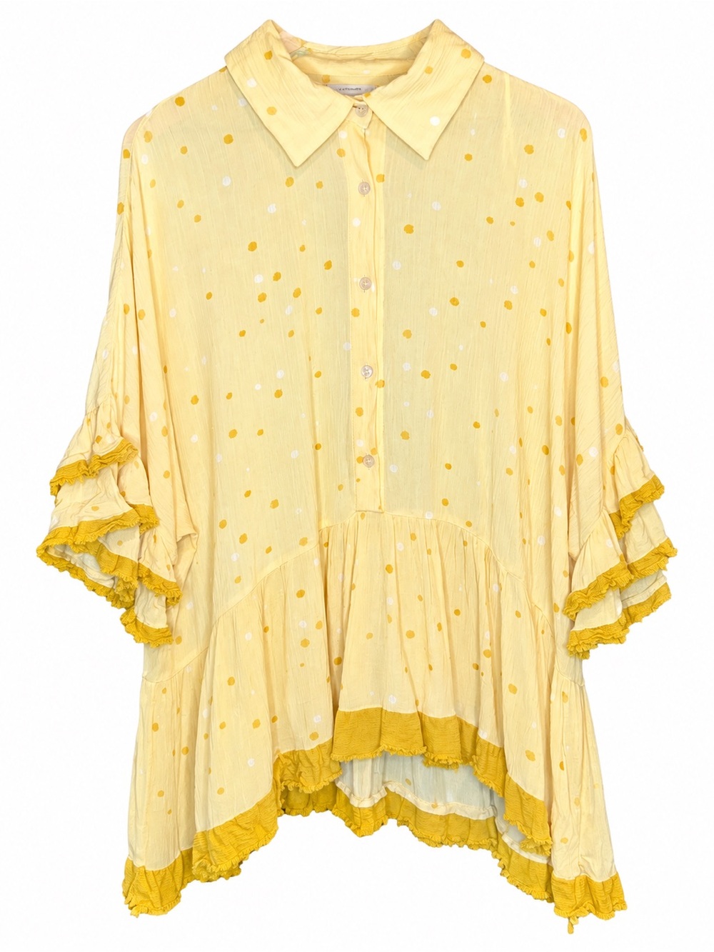 white birch Yellow Polka Dot Ruffle Button-Front Tunic